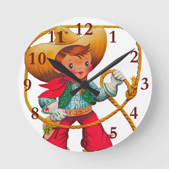 Cowboy Retro Boy Kind Niedlicher Western Runde Wanduhr (Vorderseite)