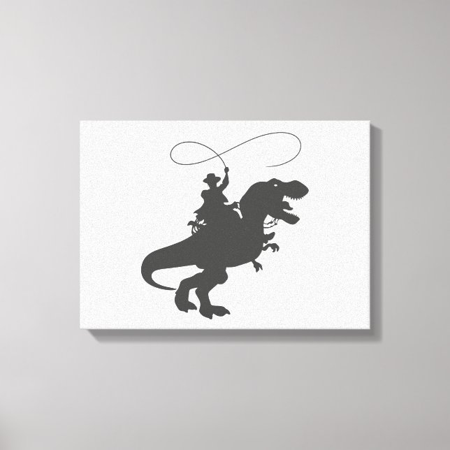 Cowboy riding dinosaur in the prehistoric wird leinwanddruck (Vorderseite)