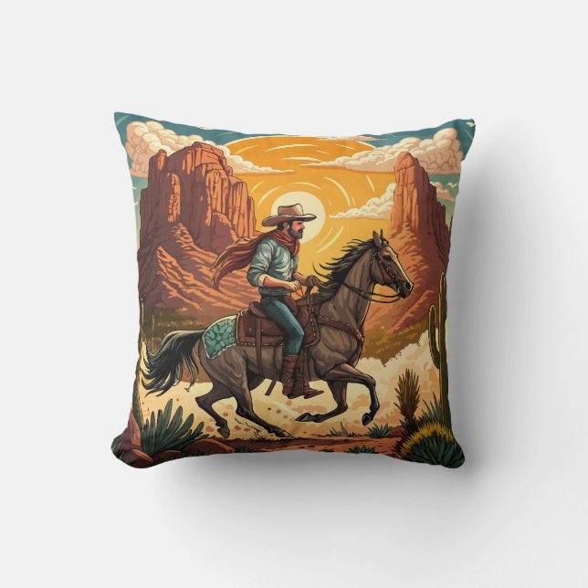 Cowboy Riding Horse at Sunset Kissen (Vorderseite)