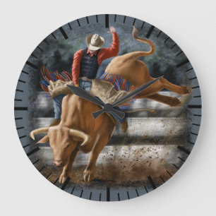 Cowboy-Rodeo-Reiter bockender Bulle Western-Thema Große Wanduhr