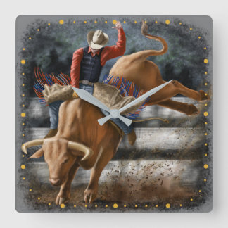 Cowboy Rodeo Rider Bucking Bull Western Thema Quadratische Wanduhr