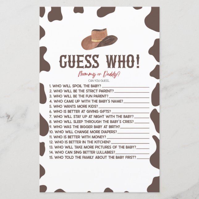 Cowboy Rodeo Western Ratet Wer Baby Duschspiel (Vorderseite)