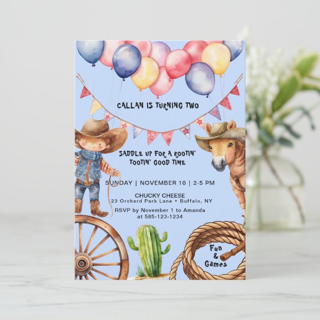 Cowboy Rootin'Rootin' Time Birthday Einladung (Stehend Vorderseite)