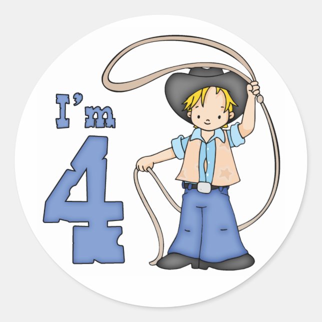 Cowboy Roper 4. Geburtstag Runder Aufkleber (Vorderseite)