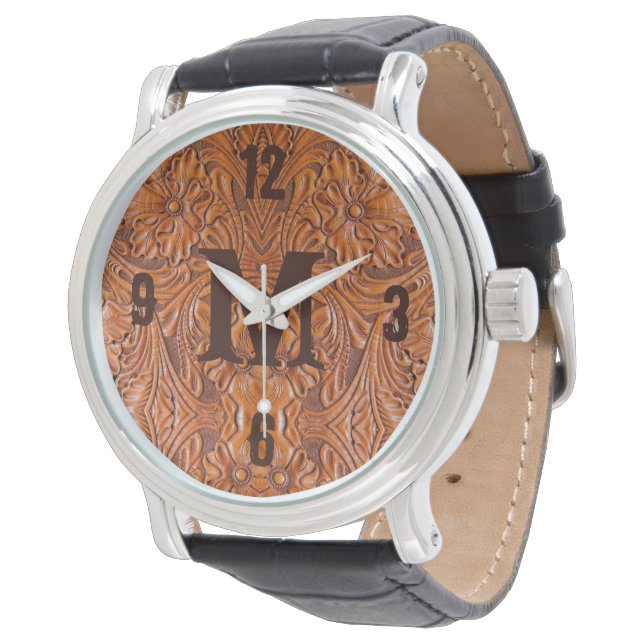 Cowboy Rustic Western Land Hochzeitsmonogramm Armbanduhr (Schrägansicht)