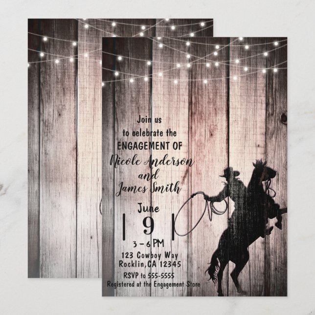 Cowboy Rustic Wood Barn Country Verlobung Dusche Einladung (Vorne/Hinten)