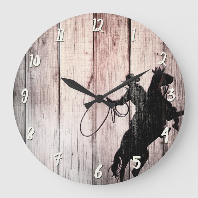 Cowboy Rustic Wood Barn Country Wild West Große Wanduhr (Vorderseite)