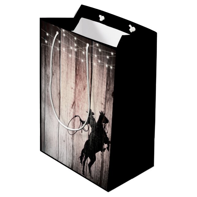 Cowboy Rustic Wood Barn Country Wild West Mittlere Geschenktüte (Rückseite Schrägansicht)