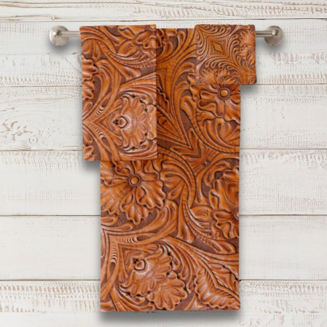 Cowboy Rustikaler Western mit handgefertigtem Lede Badhandtuch Set (Cowboy Rustic western country tooled leather print Bath Towel Set)