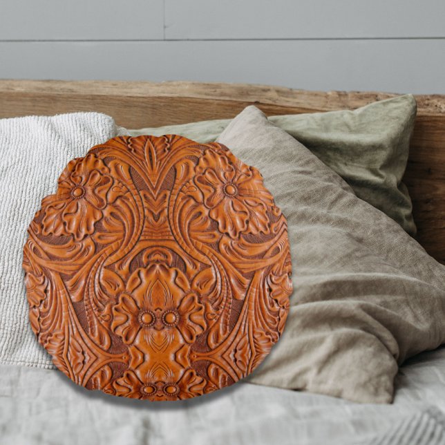 Cowboy Rustikaler Western mit handgefertigtem Lede Rundes Kissen (Cowboy Rustic western country tooled leather print Round Pillow)