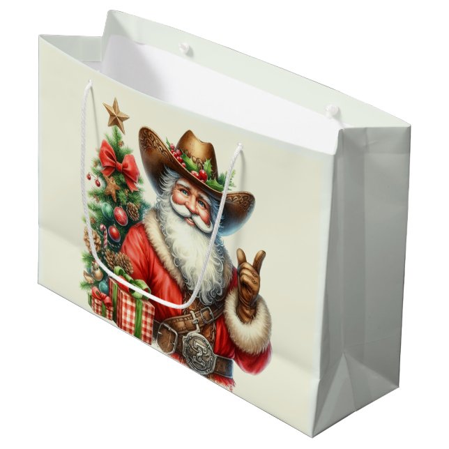 Cowboy Santa Christmas Tree Santa Anzug Cowboy Hat Große Geschenktüte (Vorderseite Schrägansicht)