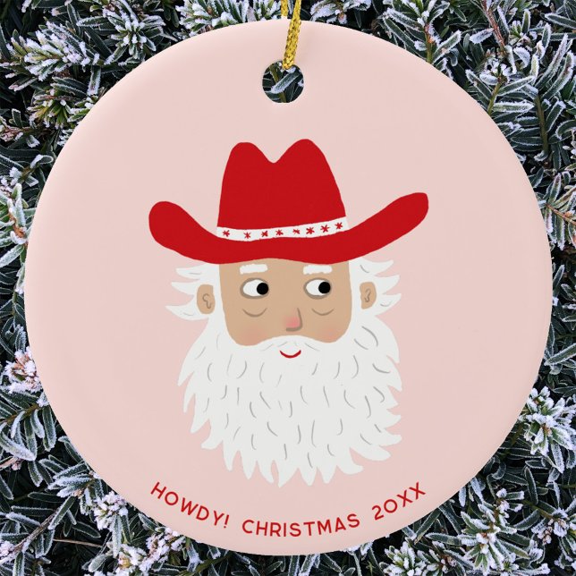 Cowboy Santa Claus Christmas Custom Text Keramik Ornament (Fun Cowboy Santa Claus Western themed Christmas Holiday ceramic ornament with custom text)