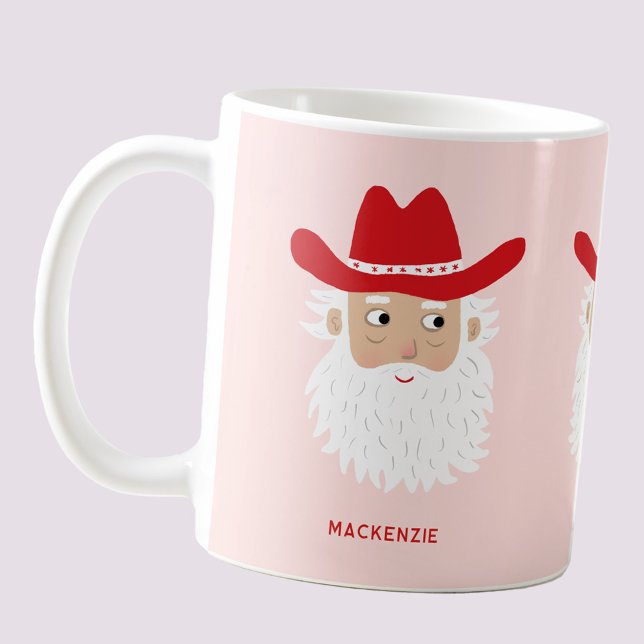 Cowboy Santa Claus Christmas Custom Text Pink Kaffeetasse (Fun Cowboy Santa Claus Western themed Holiday Christmas coffee mug)