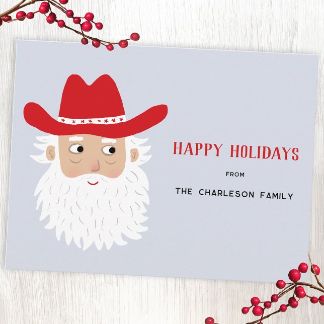 Cowboy Santa Claus Christmas Feiertagspostkarte (Fun Cowboy Santa Claus Western Christmas custom text personalized holiday postcard)