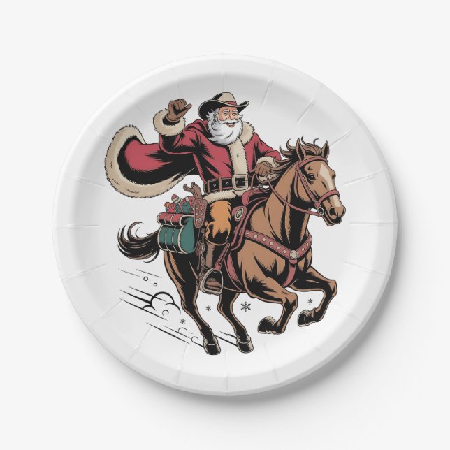 Cowboy Santa Claus Reiten Ein Pferd Weihnachten Pappteller (Vorderseite)
