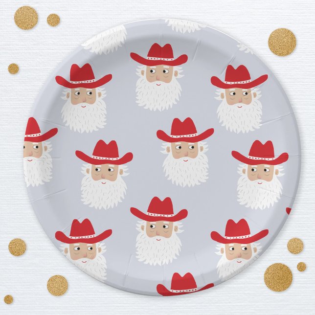 Cowboy Santa Claus Western Christmas Blue Pappteller (Fun Cowboy Santa Claus Western Holidays Christmas party paper plate)