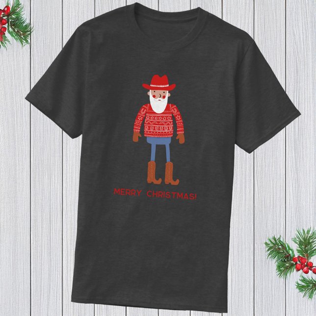 Cowboy Santa Custom Text Christmas T-Shirt (Funny Cowboy Santa Claus Christmas holidays T-shirt with custom text)
