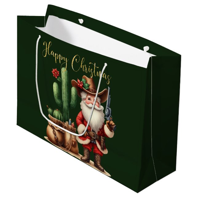 Cowboy Santa Happy Christmas Desert Cactus Pistol Große Geschenktüte (Vorderseite Schrägansicht)