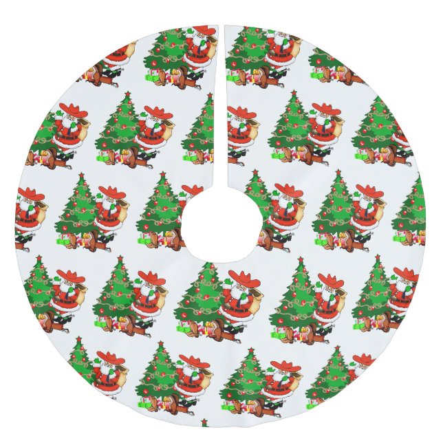 Cowboy Santa mit Bäumen und Western Geschenke Polyester Weihnachtsbaumdecke (Vorderseite)