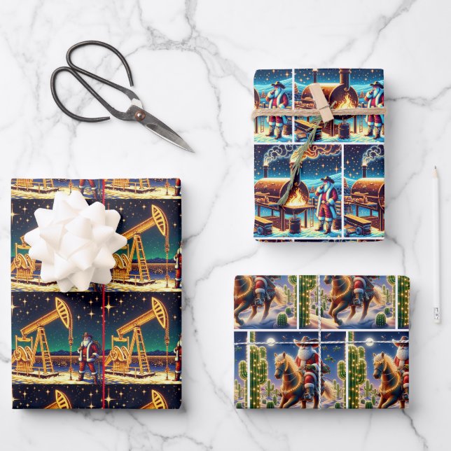 Cowboy Santa mit Ölpumpe GRILLEN und Weihnachten Geschenkpapier Set (Vorderseite)