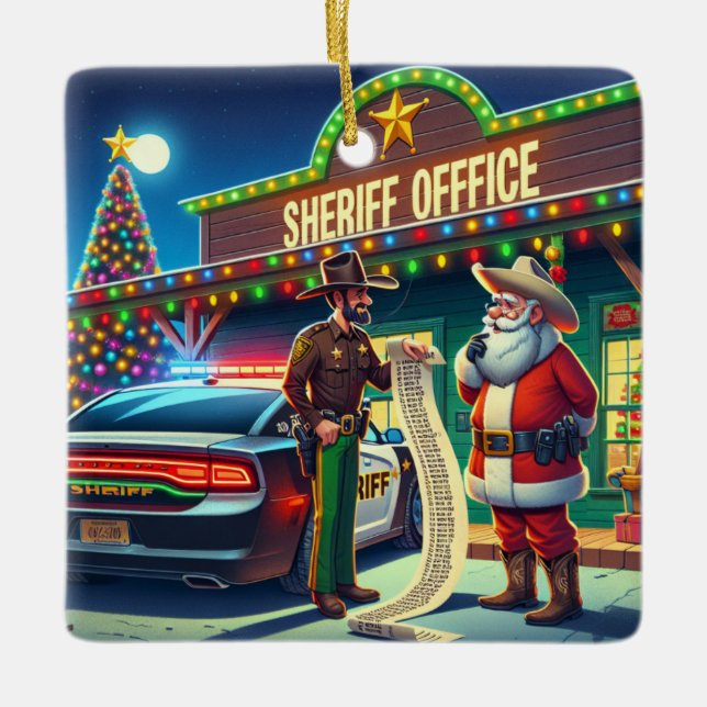 Cowboy Santa und Sheriff schauen auf die schmutzig Keramikornament (Vorderseite)