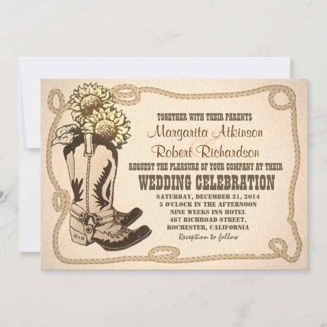 Cowboy Schuhe rustikale Hochzeitseinladungen Einladung (Vorderseite)