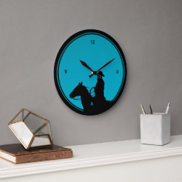 Cowboy Silhouette on Turquoise Große Wanduhr