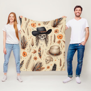 Cowboy Skull & Pumpkin Boho Nahtloses Muster Fleecedecke