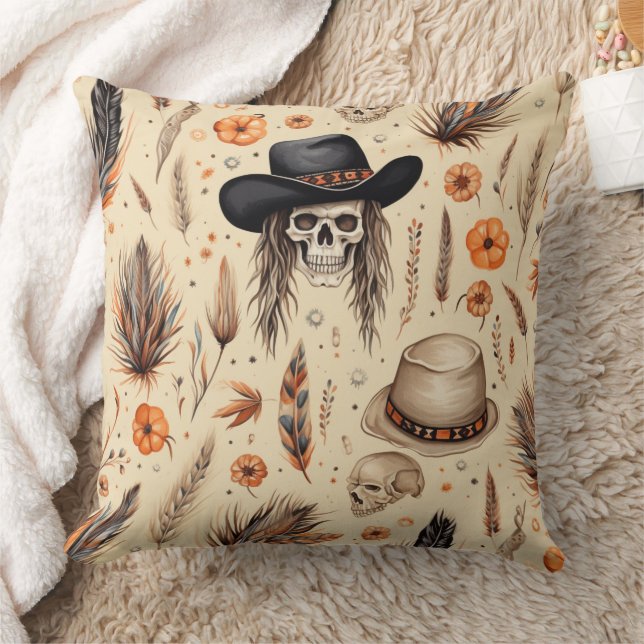 Cowboy Skull & Pumpkin Boho Nahtloses Muster Kissen (Decke)