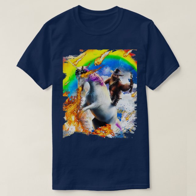 Cowboy Sloth on Rainbow Fire Unicorn T-Shirt (Design vorne)