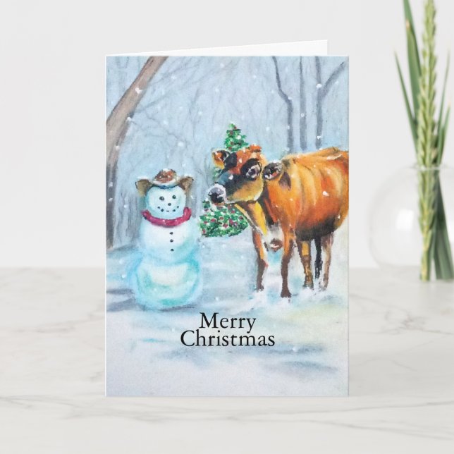 Cowboy Snowman & Cow Weihnachtslandschaft Feiertagskarte (Vorderseite)
