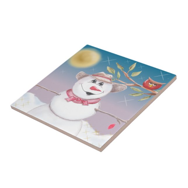 Cowboy Snowman & Owl Winterlandschaft Fliese (Seite)