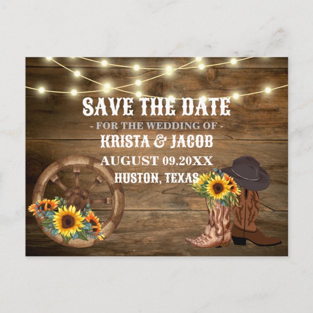 Cowboy Sonnenblumen Western Hochzeit retten das Da Postkarte (Vorderseite)