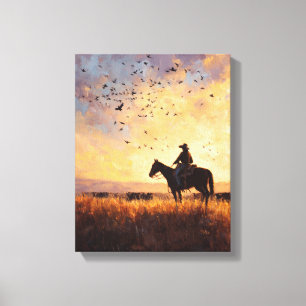 Cowboy-Sonnenuntergang-Reit-Silhouette-Malerei Leinwanddruck