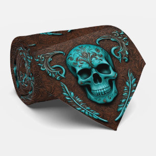 Cowboy Southwestern Brown Aquamarin Sugar Skull Krawatte