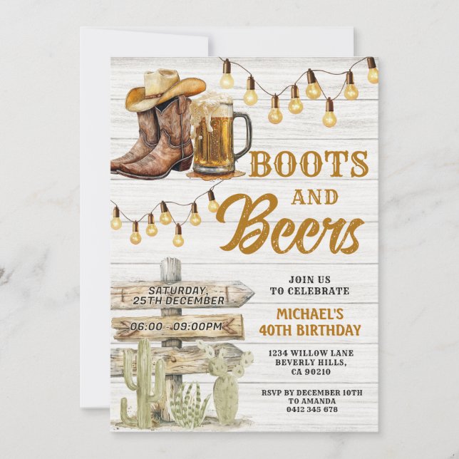 Cowboy Stiefel & Bier Erwachsene jedes Alter Gebur Einladung (Vorderseite)