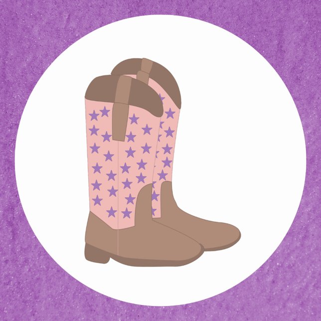 Cowboy Stiefel Brown Pink mit Lila Sternen Runder Aufkleber (A sticker with a pair of cowboy boots done in pink and brown with purple stars)