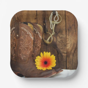 Cowboy Stiefel, Daisy und Horse Bit Western Pappteller
