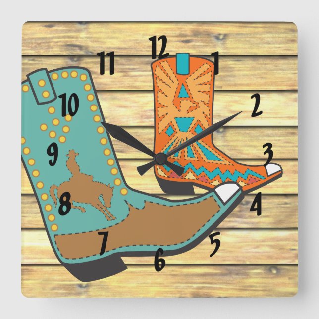 Cowboy Stiefel in Orange und Blue Quadratische Wanduhr (Vorderseite)