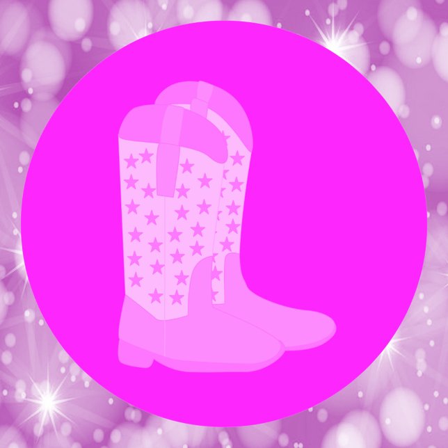 Cowboy Stiefel mit Sternen rosa Runder Aufkleber (A sticker with a pair of cowboy boots with stars done in various shades of pink)