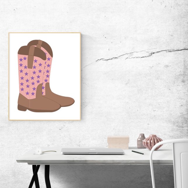 Cowboy Stiefel Pink Brown Lila Stars Poster (A poster of pink and brown cowboy boots with purple stars)