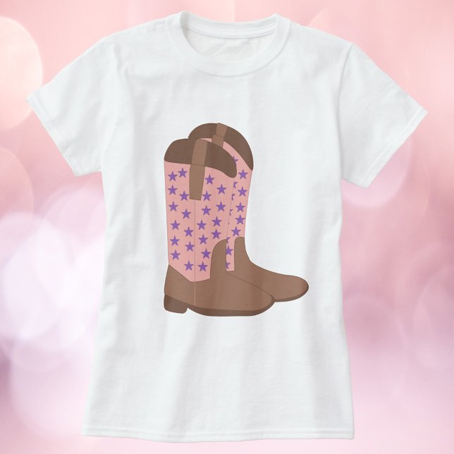 Cowboy Stiefel Pink Brown Lila Stars T-Shirt (A tshirt with a pair of cowboy boots done in brown and pink with purple stars.)