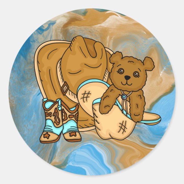 Cowboy Teddy Bear Boy's Teddy Bear Baby Shower Runder Aufkleber (Vorderseite)