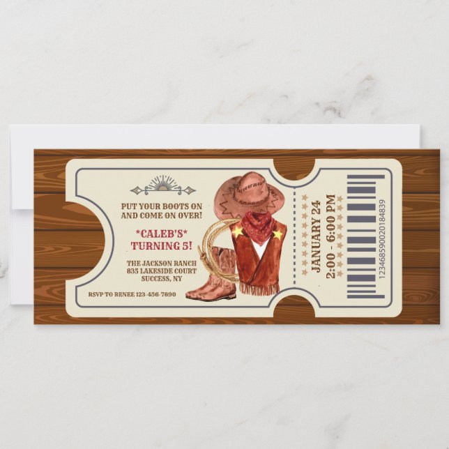 Cowboy Ticket Geburtstagsparty Einladung (Vorderseite)