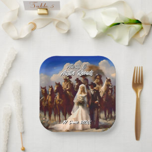 Cowboy und Bride Outdoor Hochzeit Pappteller
