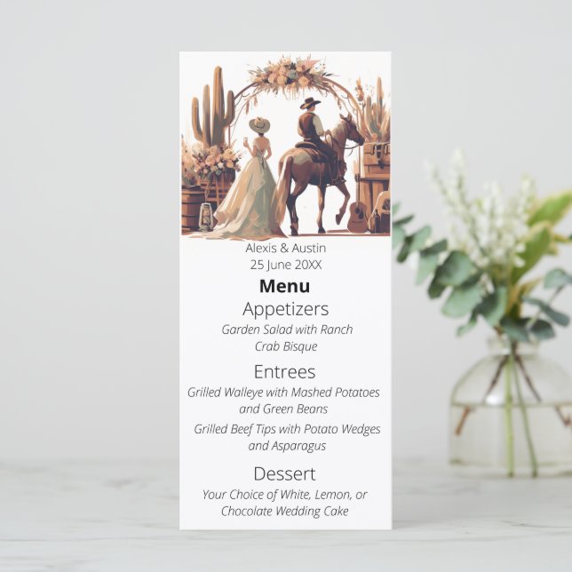 Cowboy und Bride Western Style Wedding Menükarte (Stehend Vorderseite)