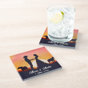 Cowboy und Cowgirl-Hochzeit in Silhouette Glasuntersetzer
