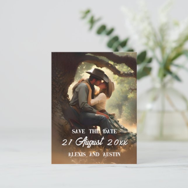 Cowboy und Cowgirl Kissing Save the Date Postkarte (Stehend Vorderseite)