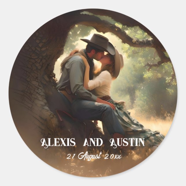 Cowboy und Cowgirl Kissing Wedding Runder Aufkleber (Vorderseite)