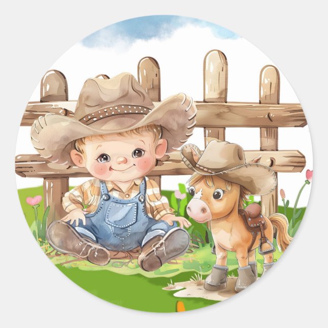 Cowboy und eine Pony Horse Boy Baby Dusche Runder Aufkleber (Vorderseite)